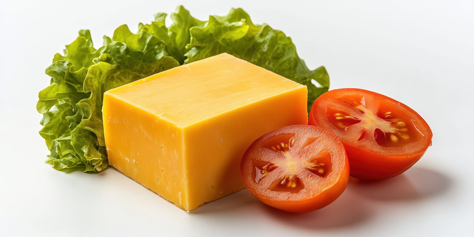 Fresh lettuce, ripe tomatoes, and a block of yellow cheese create a vibrant and healthy meal preparation setup